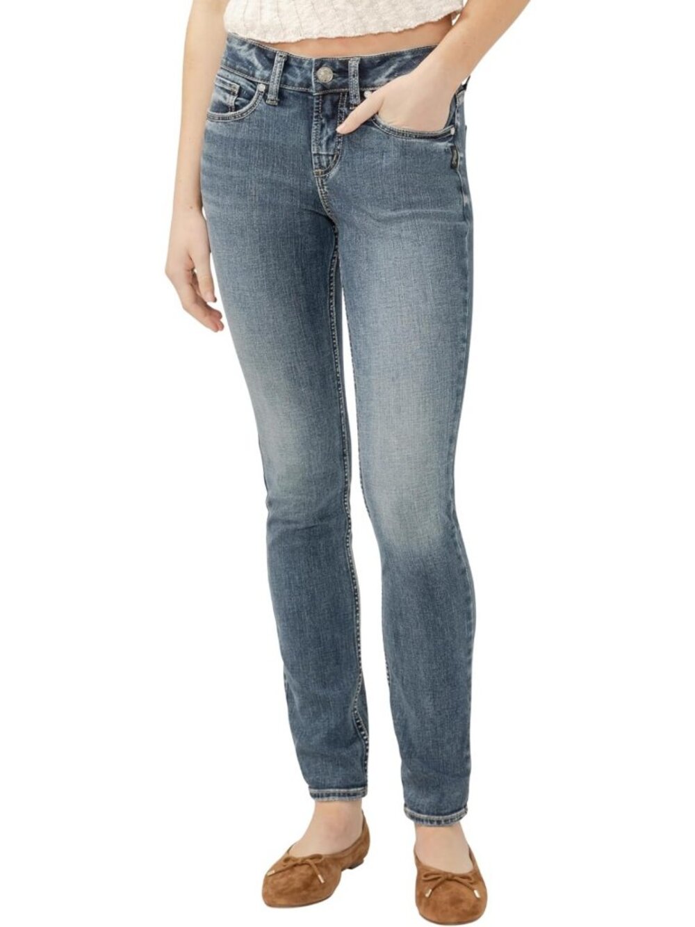Curvy Fit Mid Rise Skinny Jeans for Women - Stylish Silver Wash Denim